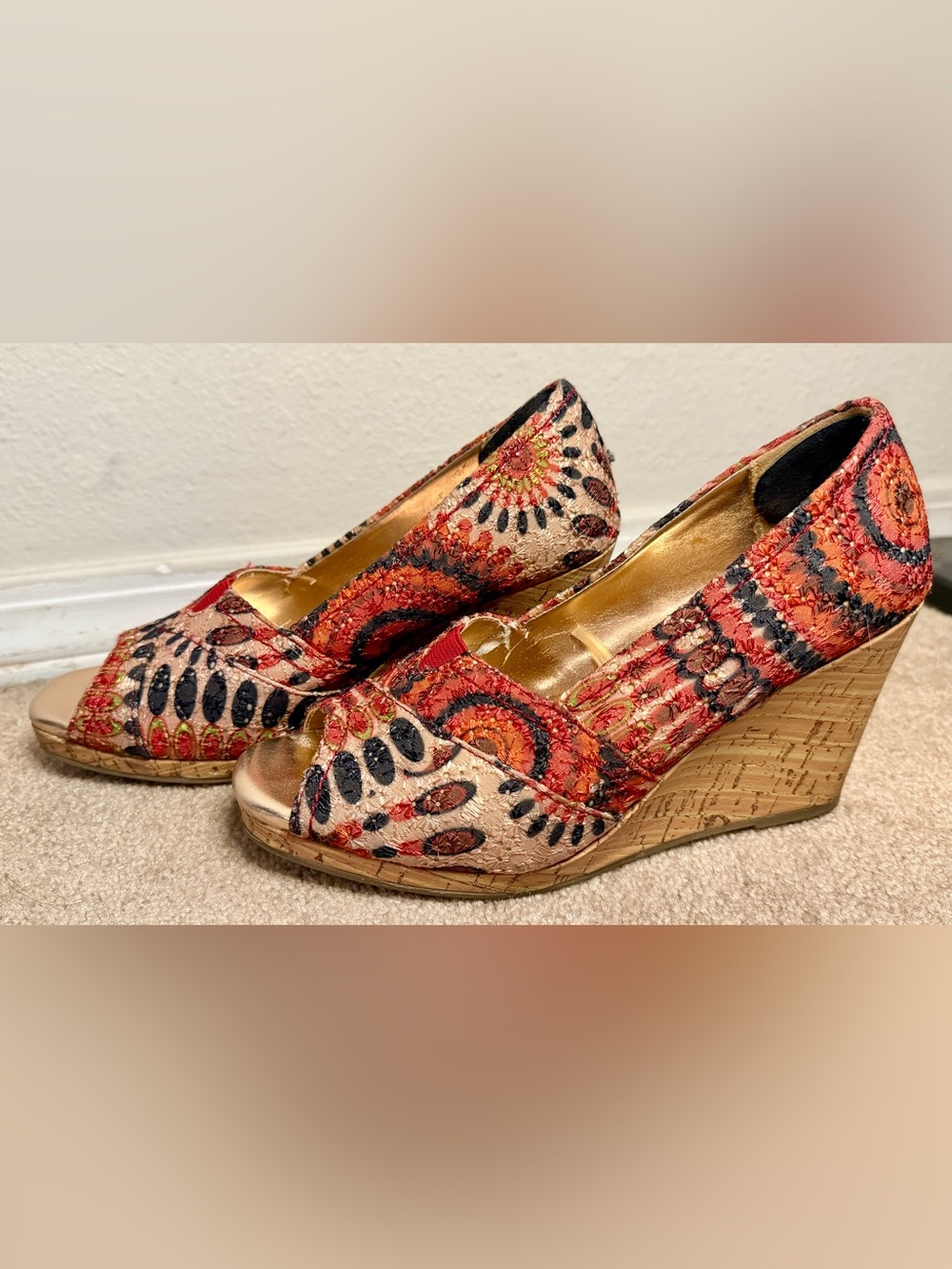 Faded Glory Embroidered Multicolor Cork Wedge Heels - Size 7
